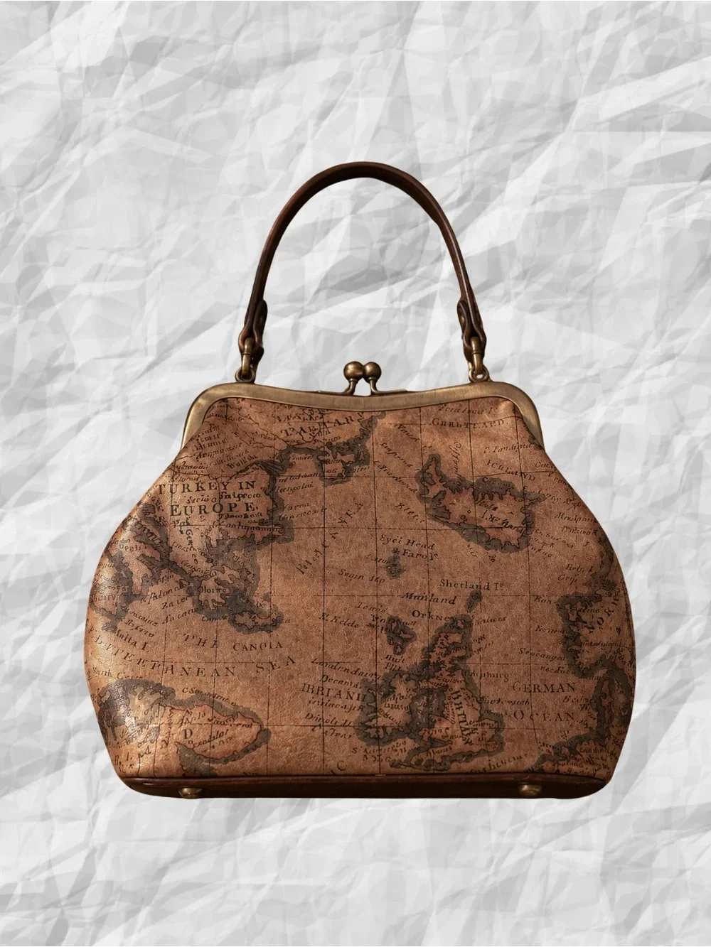 Patricia Nash Vintage Map Print Leather Frame Kiss Lock Top Handle Satchel Purse